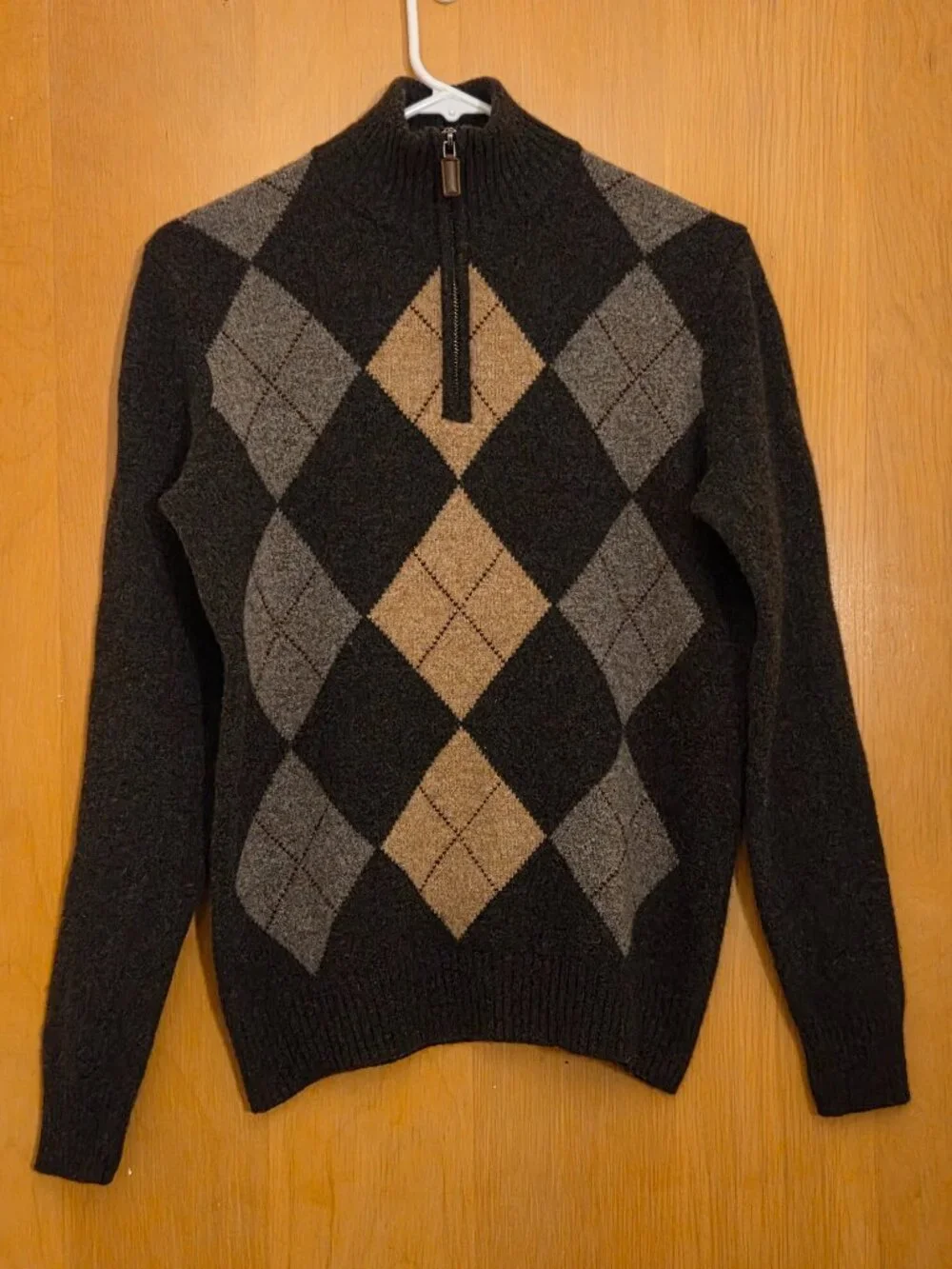 Y2K J Crew Pullover 1/4 Zip Argyle Mock Neck Sweater 100% Lambswool Mens S Brown